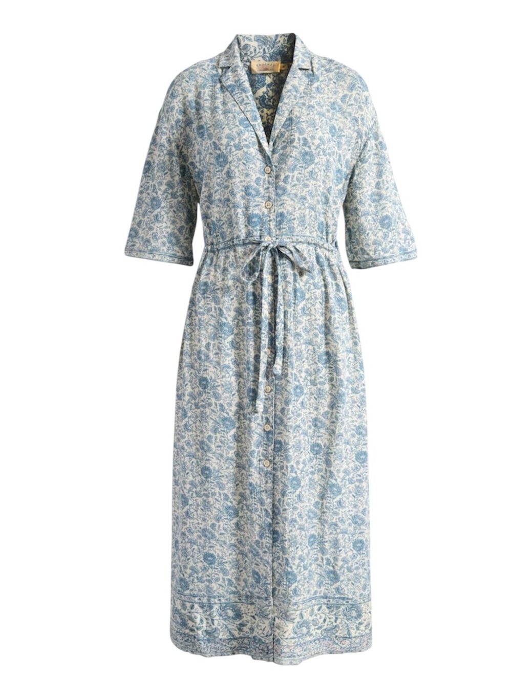 Faherty Island Times Blue and Cream Floral Button-Front Midi Dress